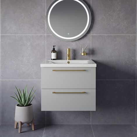 Napoli 460 Gloss Grey Pearl 600mm Wall Mounted 2 Drawer Vanity Unit with Glide Basin - 600mm - Brushed Brass 320mm Handle