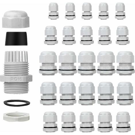 JSSEVN - Pack of 25 Waterproof Cable Glands - Adjustable - PG7 PG9 PG11 PG13.5 PG16 - Cable Connectors - Filler Nuts - Plastic Seals with Washer - White (1/5)