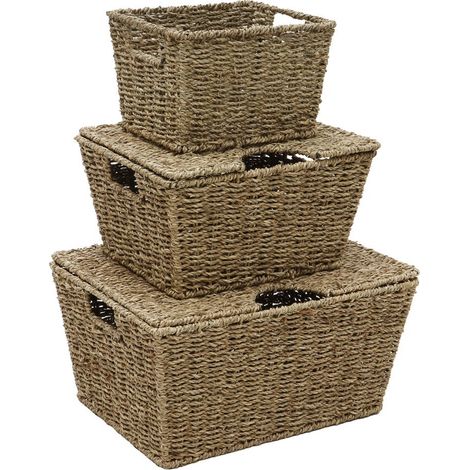 Hand Woven Seagrass Set of 3, Rectangular Lidded Storage Baskets (1/4)