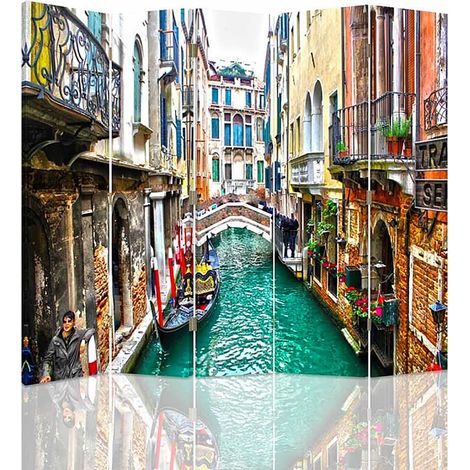 Paravent Décoratif Venise et Canaux, Élégance en 5 Volets - 180 x 180 cm - 2 faces R° V°