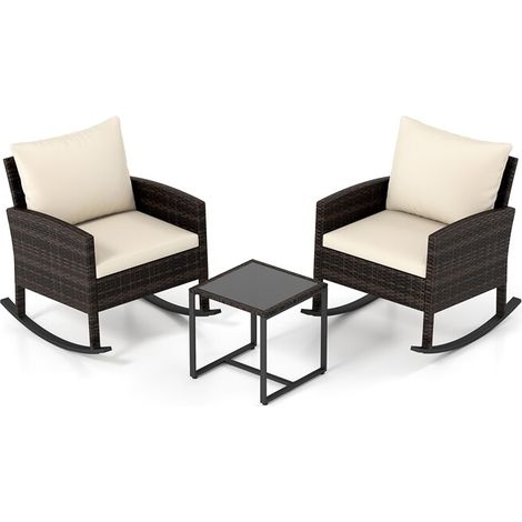Salon de jardin beige 3 pièces en rotin PE avec 2 fauteuils à bascule et table en verre trempé pour balcon terrasse et jardin