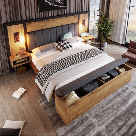 Lit 160x200 avec banc coffre, lampes et USB HAVRYA (1/5)
