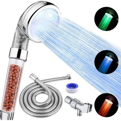 Pommeau de douche LED avec pommeau de douche à main haute pression avec tuyau et support, 3 filtres à économie d'eau à température contrôlée pour cheveux secs et peau (1/5)