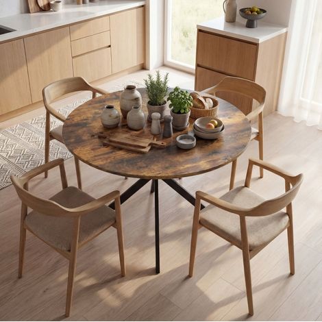 Mesa de comedor redonda de 100 cm para 4 personas, estilo industrial, marrón rústico DESVIAE (1/5)