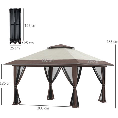 Tonnelle pliante 4x4m, hauteur réglable, protection UV et rideaux voilages, double toit beige pour les fêtes au jardin (1/5)