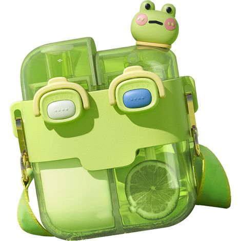 Gourde Kawaii tendance en plastique, double gourde avec paille et sangle ajustable, vert citron, 530 ml, idéale pour le sport et les voyages en extérieur. (1/5)