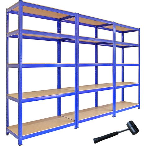 Scaffale da Garage ad Incastro T-Rax Scaffali per Garage Scaffalature Officina in Acciaio e MDF Senza Bulloni Mensole per Garage - Blu - 90cm x 45cm - 3 Pezzi con Martello e Connettori