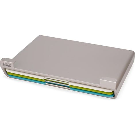 Joseph Joseph Folio Slim - Set di 3 pezzi, Taglieri da cucina in plastica, con custodia porta taglieri sottomensola- Sottile, Argentato/Multicolore