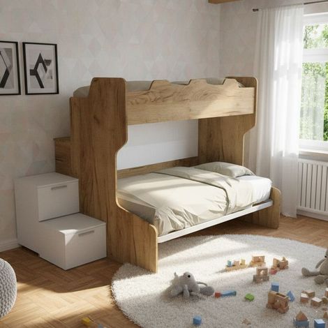 Letto a castello con gradini a cassetti e passerella - Una piazza e mezza e singola - Quercia e Bianco