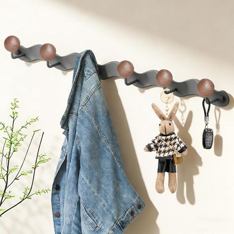 Etagere Porte Manteau, Gris Porte Manteaux Muraux, 6 Crochets, avec Accessoires de Montage, pour Salon, Salle de Bain, Chambre