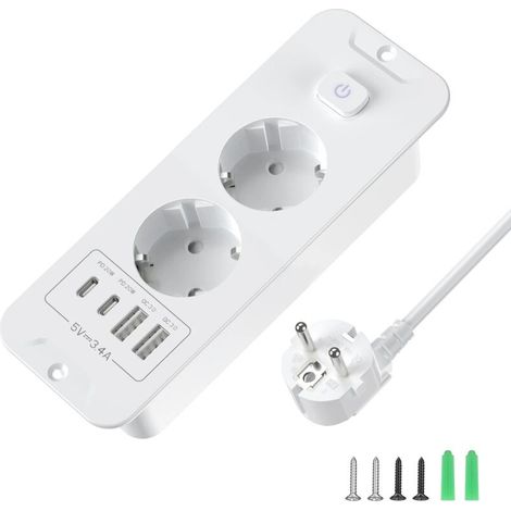 Multiprise de bureau intégrée aux normes européennes avec 2 prises secteur AC, 2 ports USB, 2 ports de charge Type-C, câble de 2 m, Blanc (1/5)