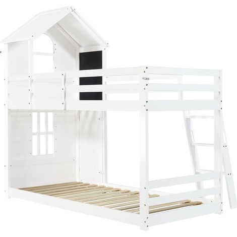 Letto a castello per bambini 90x200 cm con lavagna, finestre e tetto bianco MODENUIT (1/5)