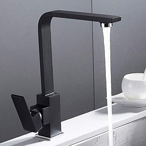 Robinet Cuisine Monocommande - Fonte En Laiton Massif - Finition Noir Brillant - Bec Pivotant 360° - Pour Évier Double - 1 Pièce