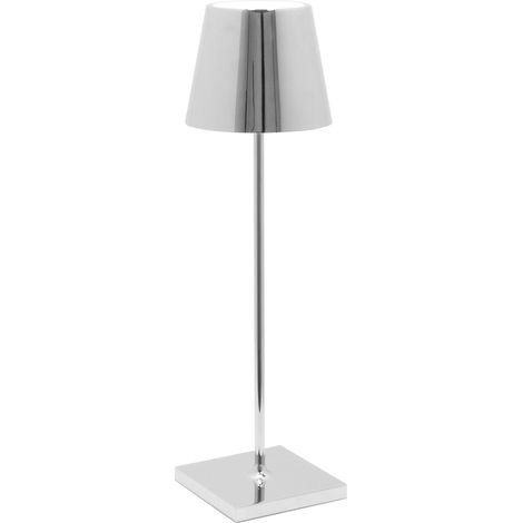 Lampe de table LED Poldina Pro en chrome poli, rechargeable et dimmable avec une autonomie allant jusqu'à 12 heures