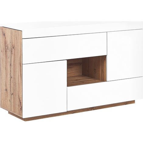 Aparador de MDF chapa blanco madera clara 2 en 1 escritorio cajones estante almacenaje Goran