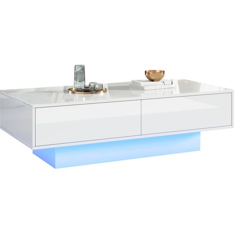 CAIziTable basse laquée blanc, LED, 2 tiroirs, 115x55x34cm, 30kg (1/5)