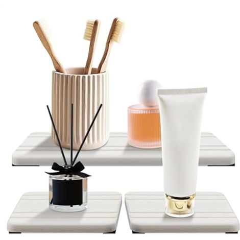 Plateau de bain en diatomite, porte-savon à séchage rapide, organisateur d'évier pour la cuisine, plantes et articles de toilette, blanc, lot de 3 (1/5)