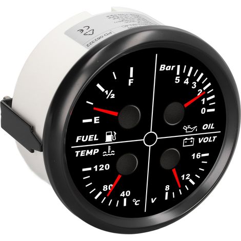 Jauge multifonction 85mm 4-en-1, indicateur à aiguille pour niveau carburant, pression d'huile, température d'eau et voltmètre, compatible camping-car, yacht et bateau. (1/5)