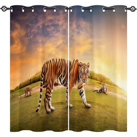 Rideau Occultant Forêt Jungle Animaux Tigre Rideau Thermique Isolant Draperies Intérieurs Tenture Opaque à Oeillets pour Maison Chambre Salon Fenetre 2 Pièces L 117 x H 160 cm - 117L X 160H cm (2 Pann (1/5)