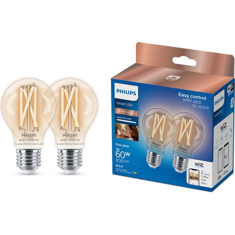 Philips Smart LED Slimme lot de 2 E27 Ampoules Standard (60W) Filament Claire Lumière blanche chaude à froide - WiFi (1/5)