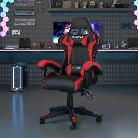 Ergonomic PU Leather Racing Gaming Chair with Headrest and Lumbar Pillow Swivel Office Chair Black + Red
