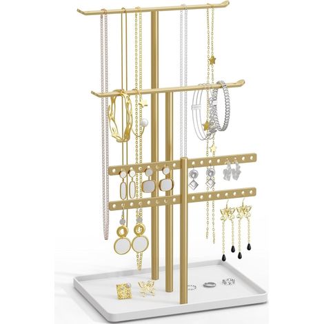 Schmuckständer, 31,75 cm hoch, stabiler Metallständer, 3-stufige Schmuckpräsentation, goldener Schmuckbaum mit weißem Tablett (1/5)