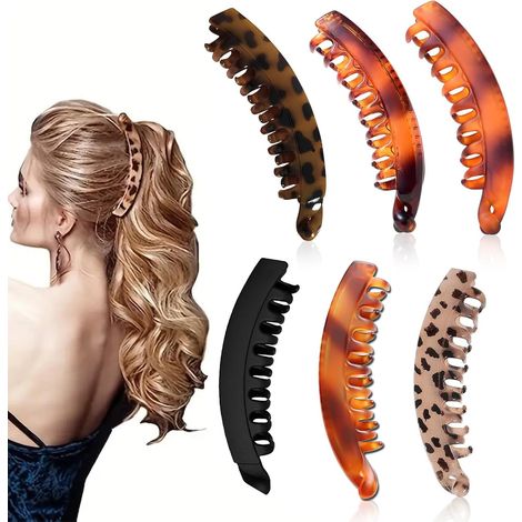 Set di 6 fermagli per capelli, fermagli in plastica da 13 cm, fermagli piatti a forma di banana, forcine verticali per code di cavallo, 6 stili, per fissare i capelli (1/5)
