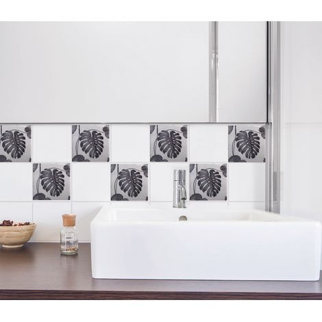 Sticker adhésif déco carrelage 15x15cm feuilles grises - Parfait pour homestaging et décoration intérieure (1/3)