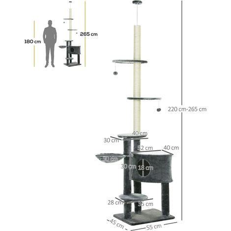 Arbre à chat extensible du sol au plafond (220-265 cm), avec jouets suspendus, cachette, hamac, poteaux en sisal, plateformes, tour d'escalade multi-niveaux pour chats, gris anthracite. (1/5)