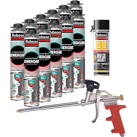 RUBSON Pack de 11 Mousses Expansives Énergie Pistolable Gris 750ml + Nettoyant CL12 + Pistolet