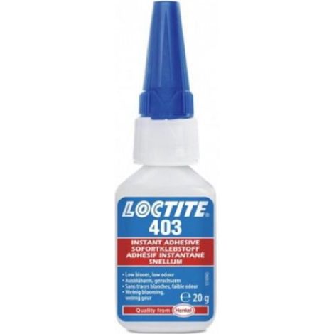 Adhesivo de cianoacrilato Loctite 403 de 20 g, instantáneo, de bajo olor, baja formación de eflorescencia y viscosidad media, para metales, plásticos, elastómeros y materiales porosos.