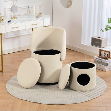 Gepolsterter Drehstuhl in Cord Beige mit 360°-Drehfunktion, Stauraum und Katzenbett-Hocker,48x52x75 cm (1/5)