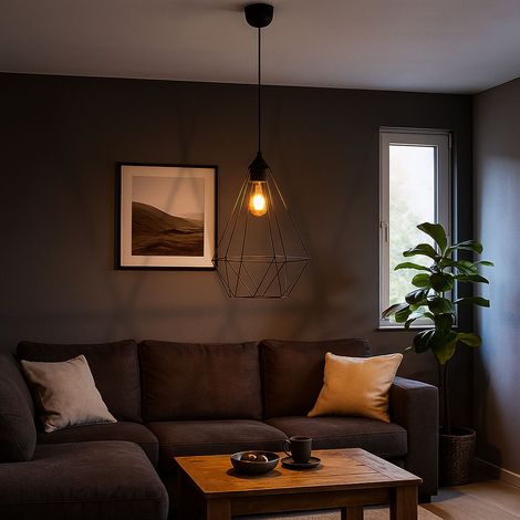 LED Hängelampe Metallgitter Pendelleuchte schwarz Retro Esszimmerlampe Industriell, Diamantform, 7W 806lm warmweiß, DxH 30x120 cm