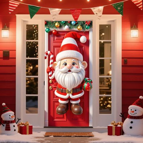 Nouvelle décoration de porte de Noël, motif Père Noël pour jardin, cour ou extérieur - 90 x 180 cm (perforée + ruban) - 16