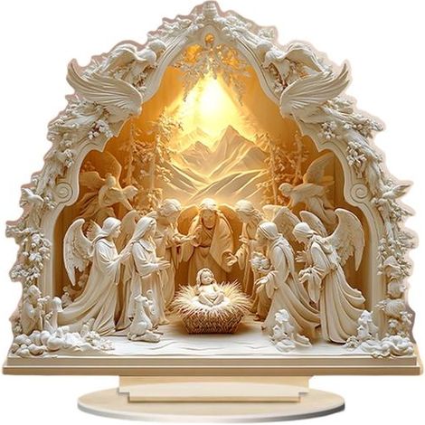 Sculpture artistique 2D représentant une scène de la Nativité, avec socle, en acrylique, ornement de bureau. (1/4)