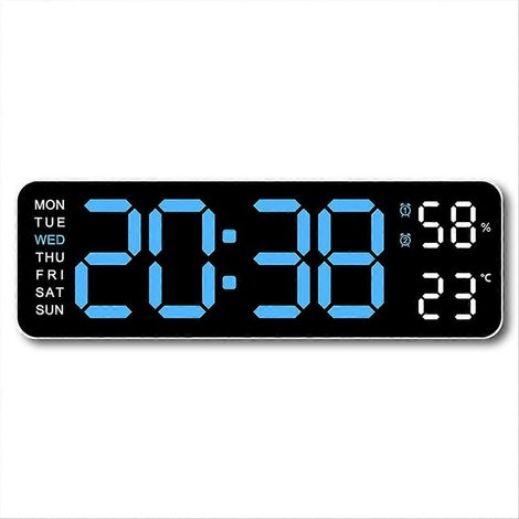 Große blaue 12/24-Stunden-LED-Digitalwanduhr mit Temperatur- und Feuchtigkeitsanzeige (1/5)