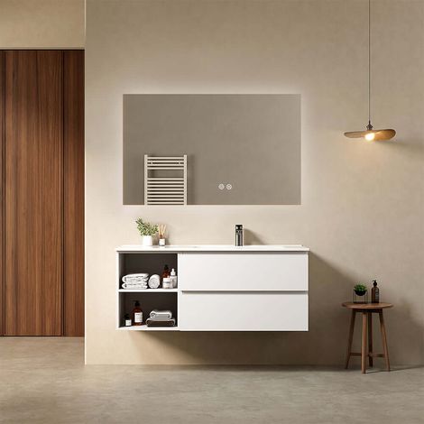 Mobile bagno sospeso 120 cm Bianco Lavabo a Destra in Ceramica Specchio Quadro Retroilluminato - Fiji Paint Plus (1/4)