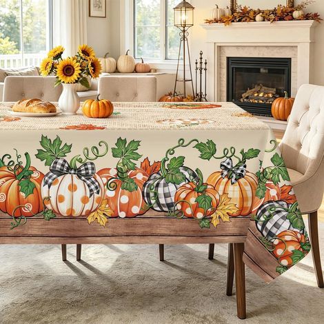Herbst Tischdecke 140x220cm mit Kürbis- und Ahornblatt-Muster, pflegeleicht