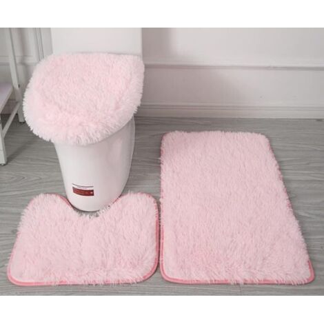 Lot de 3 tapis contour WC en microfibre – Antidérapants avec revers clouté PVC – Tapis de bain doux et absorbants – Rose