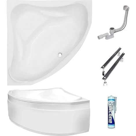 ECOLAM Baignoire d'angle acrylique Ewa 134x134cm, tablier en acrylique, siphon, silicone. Belle forme Aspect moderne. Baignoire acrylique blanc (1/5)