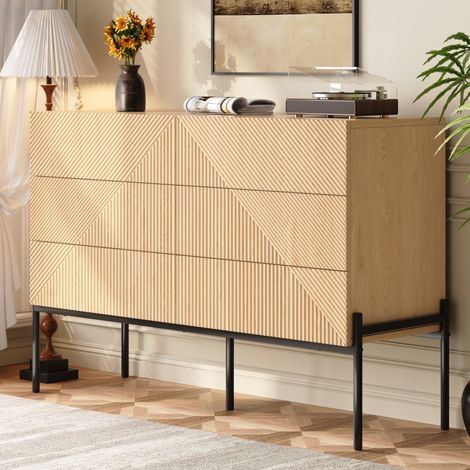 Credenza geometrica in MDF con 6 cassetti, finitura naturale, 115,5x38x75 cm (1/5)