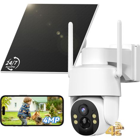 4G LTE Caméra Surveillance Solaire avec Carte Sim, Caméra Solaire 4G 2.5K 4MP, AOV 24/7 Enregistrement, 9000mAh Batterie, 360° PTZ, IA Détection Humaine, Vision Nocturne Couleur, IP65, Blanc (1/5)