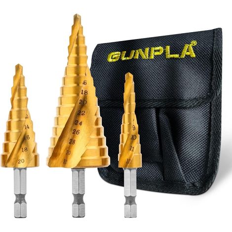 3 Pièces Foret Étagé HSS Titané 4-12/20/32mm, Triangle Conique avec Tige Hexagonale, Foret Meche Etage Metal pour Métal, Acier, Bois, Aluminium, PVC (1/5)