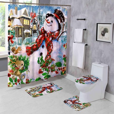 Rideau De Douche - Tapis De Salle De Bain - Housse De Couvercle De WC - Tapis En Forme De U - Ensemble De Décoration De Salle De Bain De Noël - 4 Pièces (1/5)