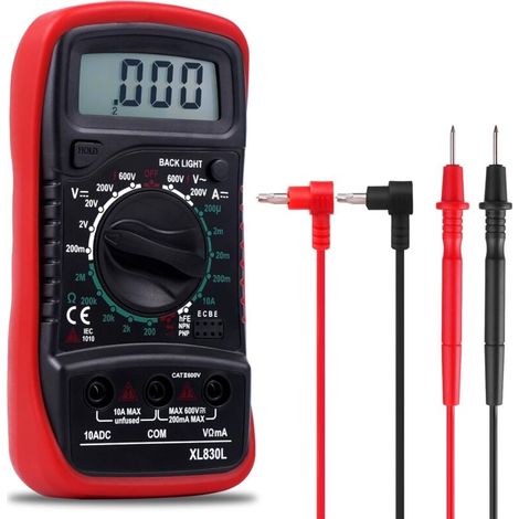 Multimetro digitale portatile, tester elettrico con schermo LCD e retroilluminazione blu, misura tensione AC/DC, ohmmetro, corrente DC, resistenza, continuità e diodi. Batteria non inclusa. (1/4)