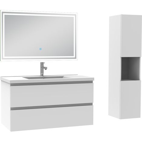 Ensemble meuble de salle de bain 100cm, vasque céramique + colonne haut + LED miroir rectangulaire, blanc (1/5)