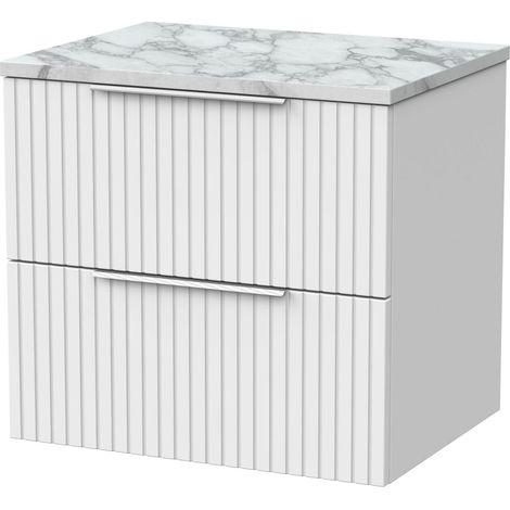 Callingwood Contemporary Wall Hung 2 Drawer Vanity Unit with Carrera Marble Laminate Worktop , 600mm, Matt White