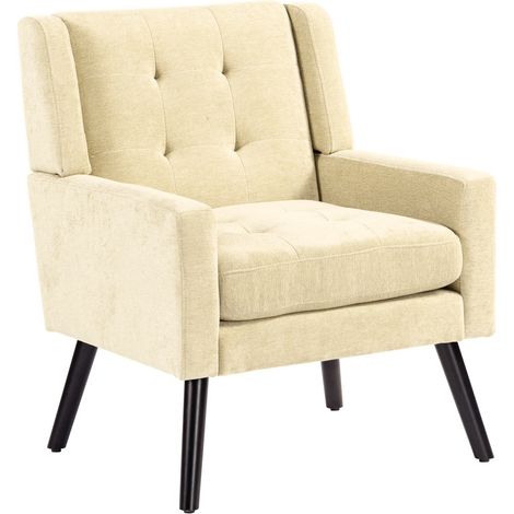 Fauteuil en lin noir à capitonnage avec pieds en bois massif pour salon, chambre ou bureau (1/5)