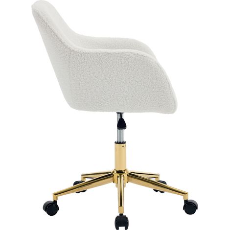 Fauteuil de bureau moderne en tissu Teddy blanc, hauteur réglable, pivotant à 360°, pieds dorés, idéal pour bureau et télétravail. (1/5)