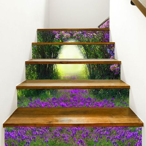 3D-Treppenaufkleber mit lila Blumenmuster, abnehmbare Wandtapete, Heimdekoration (1/5)